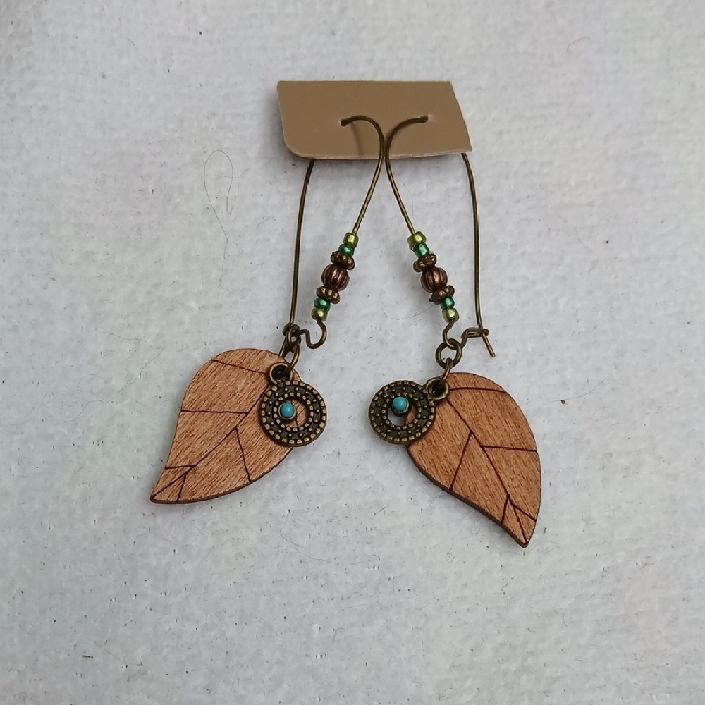 Nature-Inspired Wooden Leaf Earrings with Bead Details